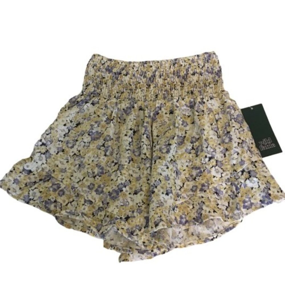 Shorts Linen Rayon Floral Smocked Waist Ruffled Hem Women’s💛🧡